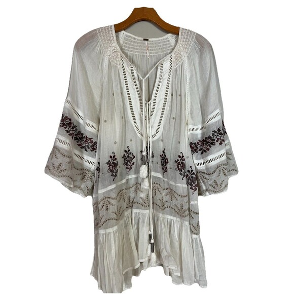 Free People White Cotton Gauze Embroidered Peasant Boho Semi Sheer tunic, SZ S - Picture 3 of 16